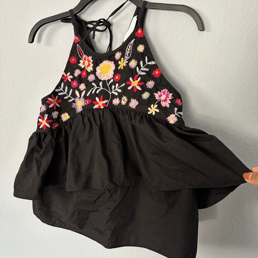 Zara Floral Embroidered Black Tiered Top